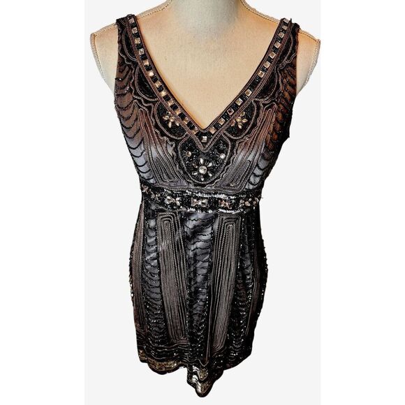 SUE WONG Great Gatsby Sz 10 Black Beaded Sequin Embellished Cocktail Dress Sz 10 - Picture 1 of 10